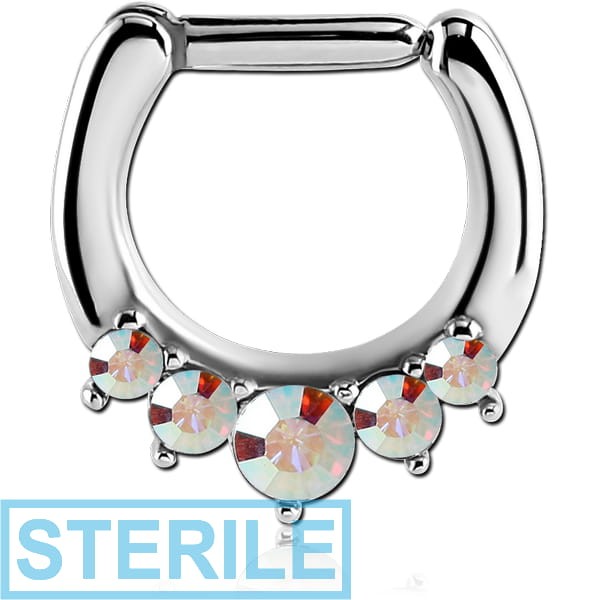 STERILE SURGICAL STEEL ROUND SWAROVSKI CRYSTALS JEWELLED HINGED SEPTUM CLICKER