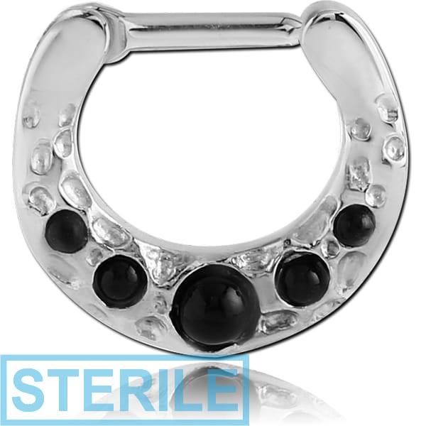 STERILE SURGICAL STEEL ROUND JEWELLED HINGED SEPTUM CLICKER WITH SYNTHETIC ONYX