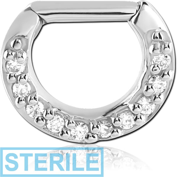 STERILE SURGICAL STEEL ROUND PRONG SET JEWELLED HINGED SEPTUM CLICKER RING