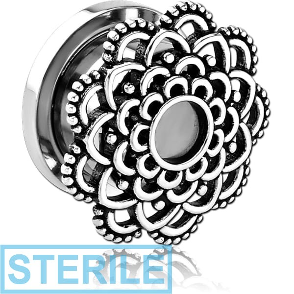 STERILE STAINLESS STEEL THREADED TUNNEL WITH RHODIUM PLATED BRASS TOP - FLOWER FILIGREE