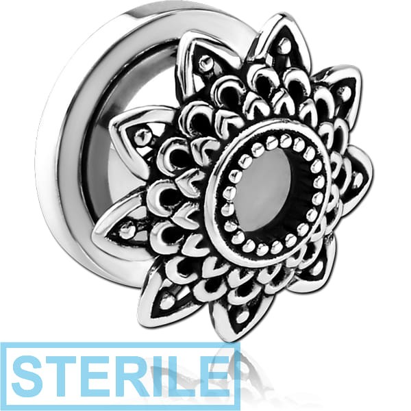 STERILE STAINLESS STEEL THREADED TUNNEL WITH RHODIUM PLATED BRASS TOP - FLOWER FILIGREE