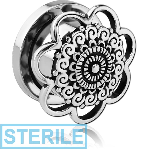 STERILE STAINLESS STEEL THREADED TUNNEL WITH SURGICAL STEEL TOP - FLOWER FILIGREE