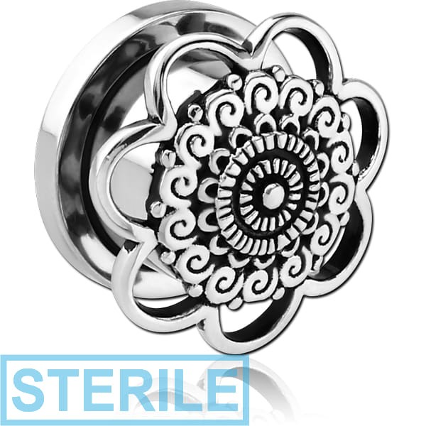 STERILE STAINLESS STEEL THREADED TUNNEL WITH RHODIUM PLATED BRASS TOP - FLOWER FILIGREE