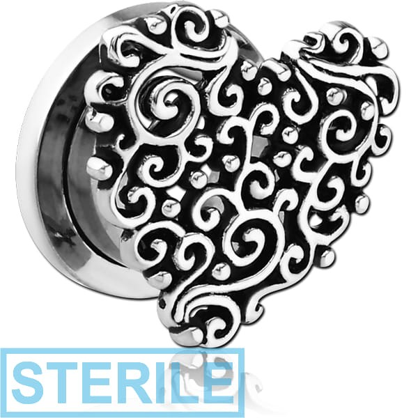 STERILE STAINLESS STEEL THREADED TUNNEL WITH SURGICAL STEEL TOP - HEART FILIGREE