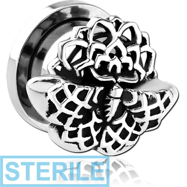 STERILE STAINLESS STEEL THREADED TUNNEL WITH RHODIUM PLATED BRASS TOP - MOTH FILIGREE