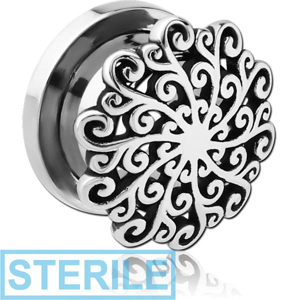 STERILE STAINLESS STEEL THREADED TUNNEL WITH SURGICAL STEEL TOP - FLOWER FILIGREE