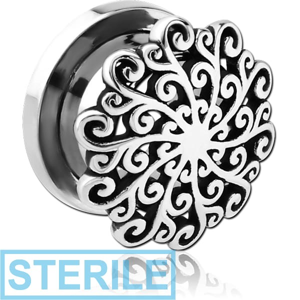 STERILE STAINLESS STEEL THREADED TUNNEL WITH RHODIUM PLATED BRASS TOP - FLOWER FILIGREE