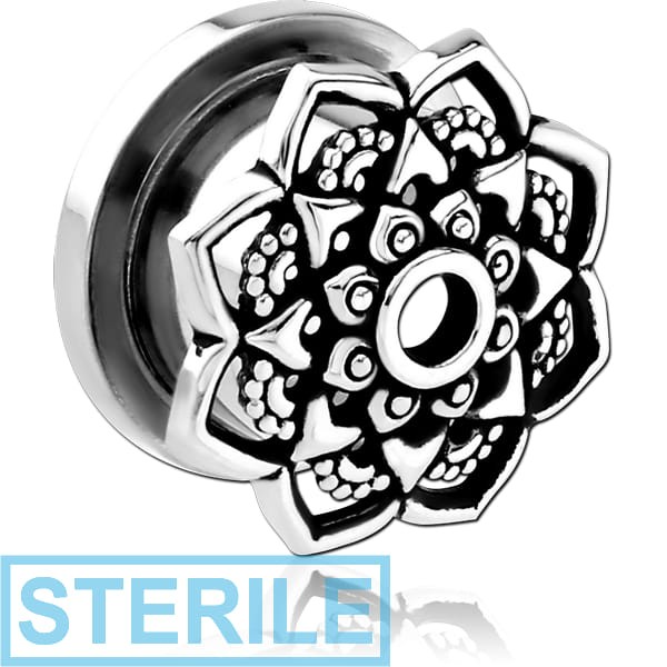 STERILE STAINLESS STEEL THREADED TUNNEL WITH RHODIUM PLATED BRASS TOP - FLOWER FILIGREE