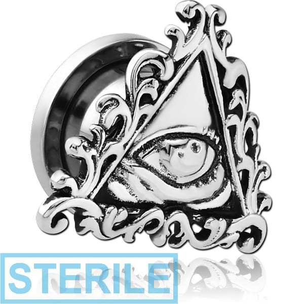 STERILE STAINLESS STEEL THREADED TUNNEL WITH SURGICAL STEEL TOP - EYE OF PROVIDENCE FILIGREE