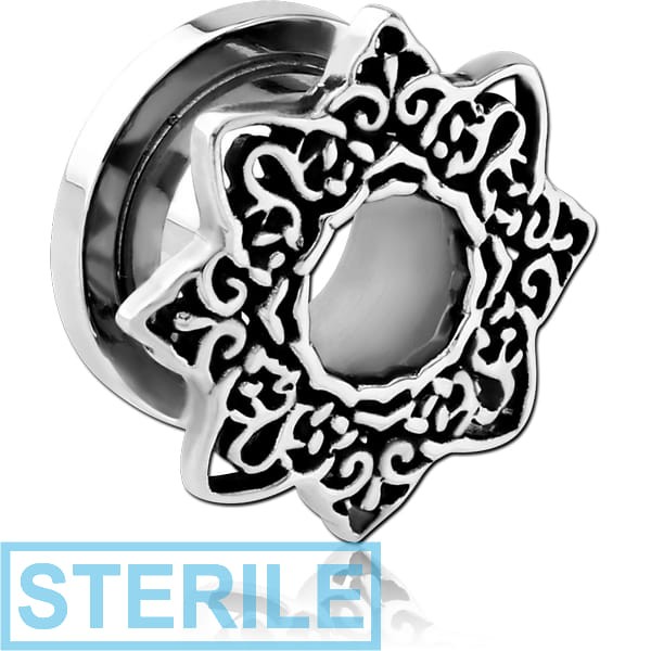 STERILE STAINLESS STEEL THREADED TUNNEL WITH RHODIUM PLATED BRASS TOP - STAR FILIGREE