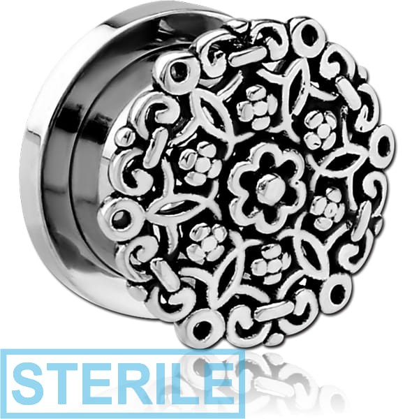 STERILE STAINLESS STEEL THREADED TUNNEL WITH RHODIUM PLATED BRASS TOP - FLOWER FILIGREE