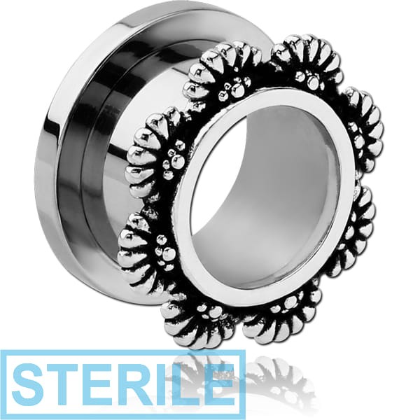 STERILE STAINLESS STEEL THREADED TUNNEL WITH RHODIUM PLATED BRASS TOP - FLOWER FILIGREE