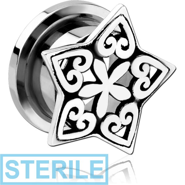 STERILE STAINLESS STEEL THREADED TUNNEL WITH RHODIUM PLATED BRASS TOP - STAR FILIGREE