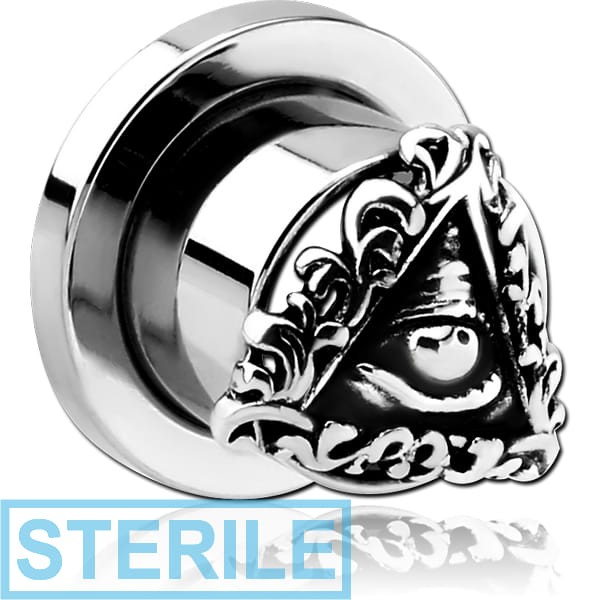 STERILE STAINLESS STEEL THREADED TUNNEL WITH RHODIUM PLATED BRASS TOP - EYE OF PROVIDENCE FILIGREE