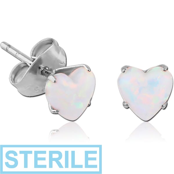 STERILE SURGICAL STEEL HEART SYNTHETIC OPAL PRONG SET JEWELLED EAR STUDS PAIR