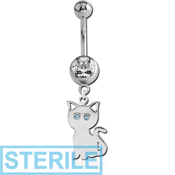 STERILE SURGICAL STEEL JEWELLED NAVEL BANANA WITH STERLING SILVER 925 CHARM - CAT