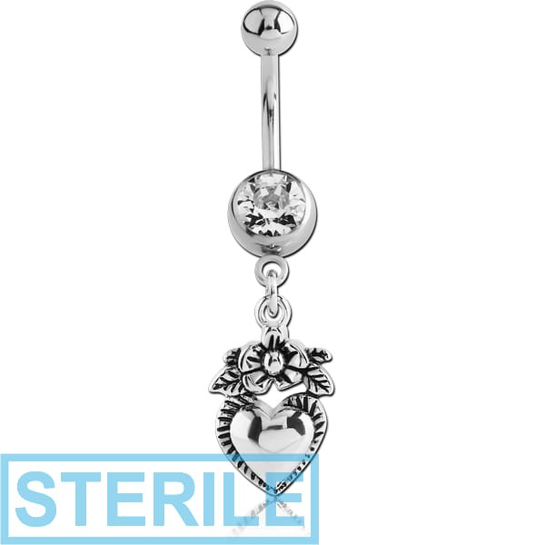 STERILE SURGICAL STEEL JEWELLED NAVEL BANANA WITH STERLING SILVER 925 CHARM - HEART
