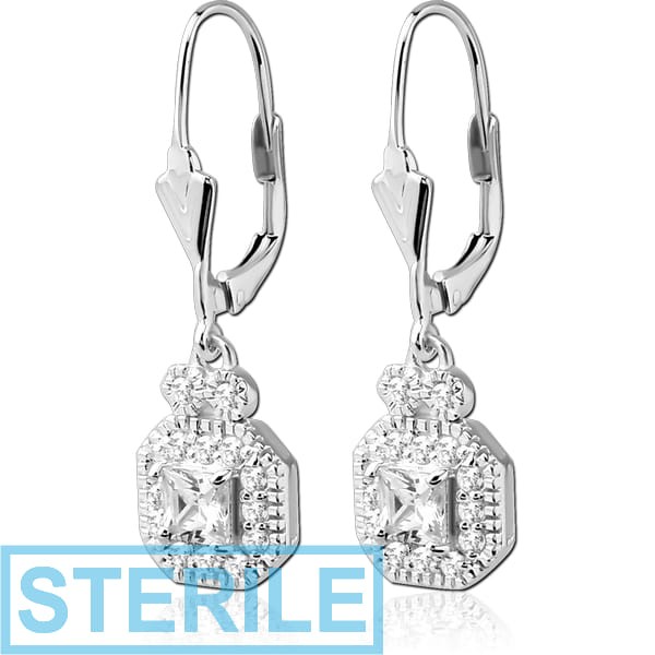 STERILE STERLING SILVER 925 JEWELLED EARRINGS PAIR - OCTAGON