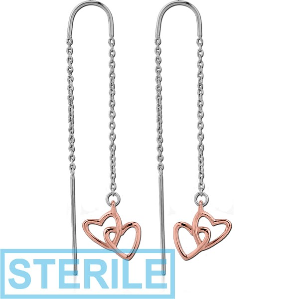 STERILE STERLING SILVER 925 TWO TONE CHAIN EARRINGS PAIR - HEARTS