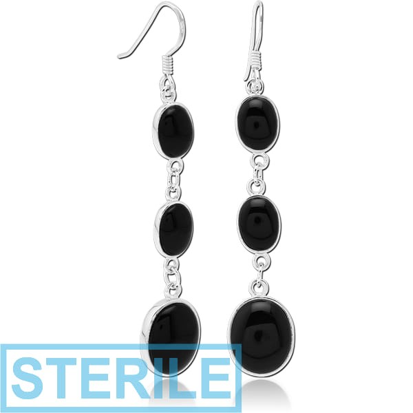 STERILE STERLING SILVER 925 EARRINGS PAIR ONYX - THREE CIRCLES