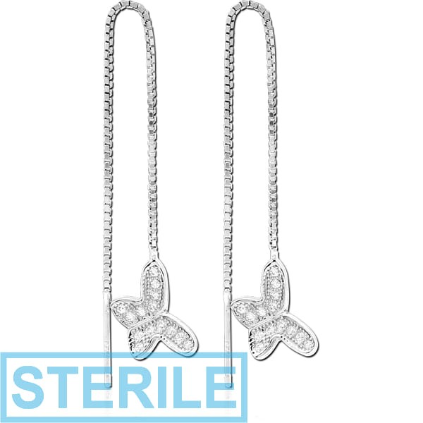 STERILE STERLING SILVER 925 JEWELLED CHAIN EARRINGS PAIR - BUTTERFLY