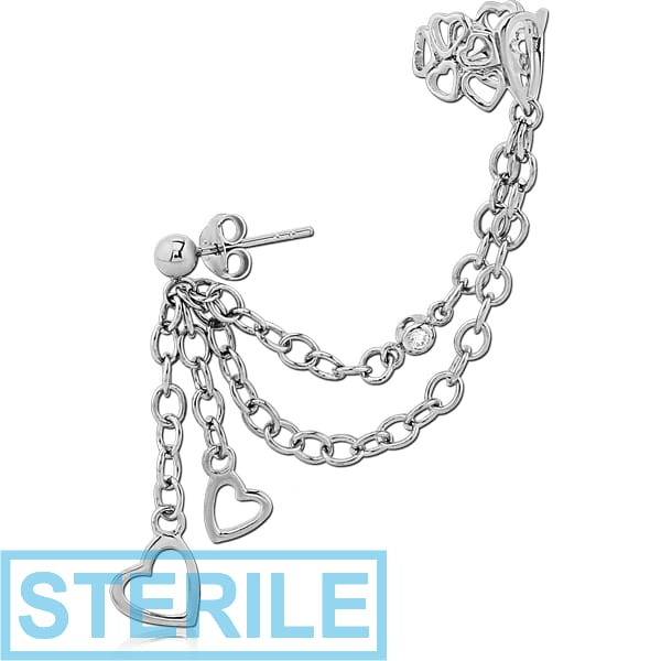 STERILE STERLING SILVER 925 JEWELLED EAR CUFF CHAIN WITH HEARTS