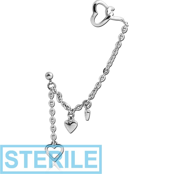 STERILE STERLING SILVER 925 EAR CUFF CHAIN WITH FOUR HEARTS