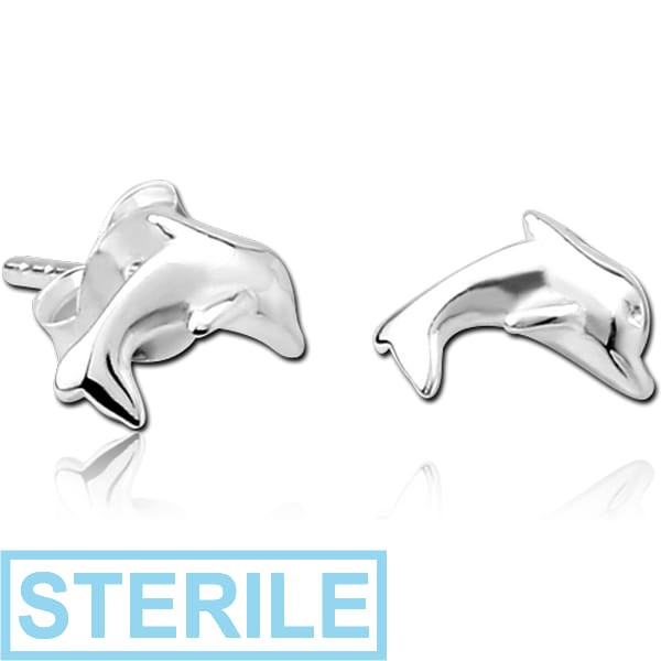 STERILE STERLING SILVER 925 EAR STUDS PAIR - DOLPHIN