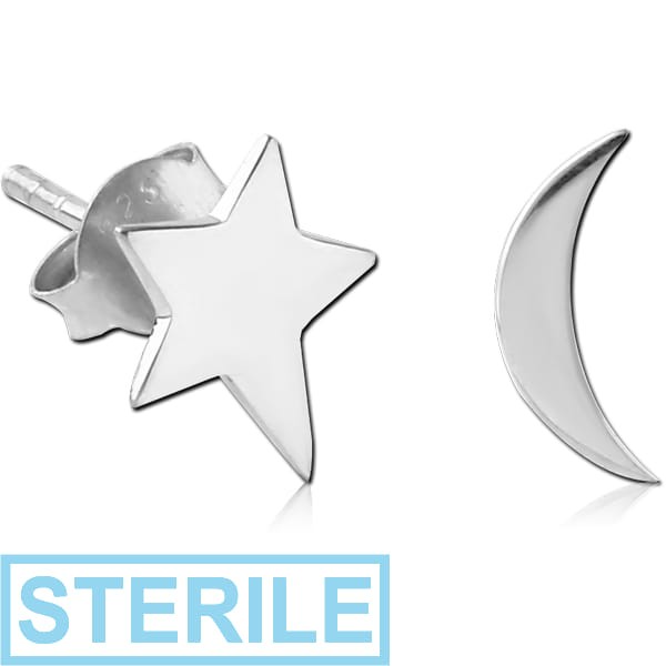 STERILE STERLING SILVER 925 EAR STUDS PAIR - STAR CRESCENT