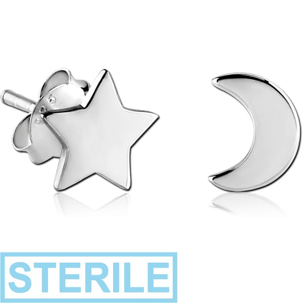 STERILE STERLING SILVER 925 EAR STUDS PAIR - 2D STAR CRESCENT