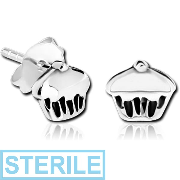 STERILE STERLING SILVER 925 EAR STUDS PAIR - CUPCAKE