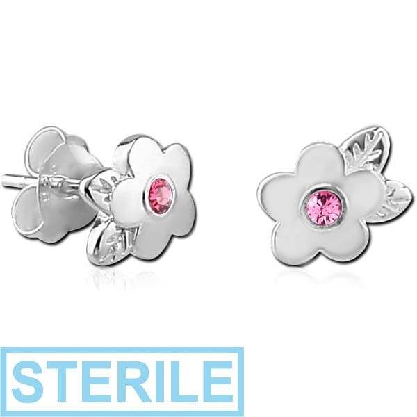 STERILE STERLING SILVER 925 JEWELLED EAR STUDS PAIR - FLOWER WITH LEAFS