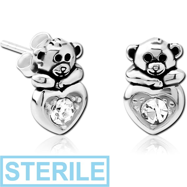 STERILE STERLING SILVER 925 JEWELLED EAR STUDS PAIR - HEART BEAR