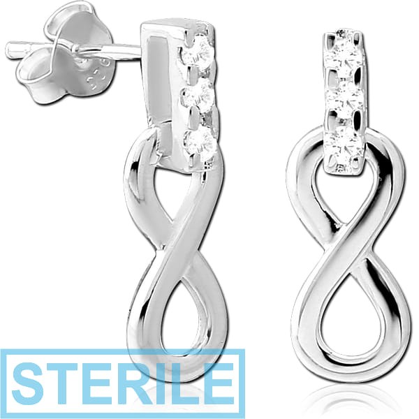 STERILE STERLING SILVER 925 JEWELLED EAR STUDS PAIR - INFINITY INSIDE RECTANGLE