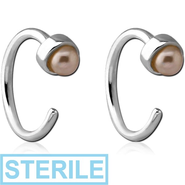 STERILE STERLING SILVER 925 EAR STUDS PAIR WITH SYNTHETIC PEARL CURVED