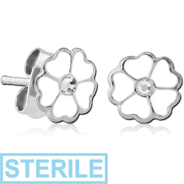 STERILE STERLING SILVER 925 JEWELLED EAR STUDS PAIR WITH ENAMEL - FLOWER