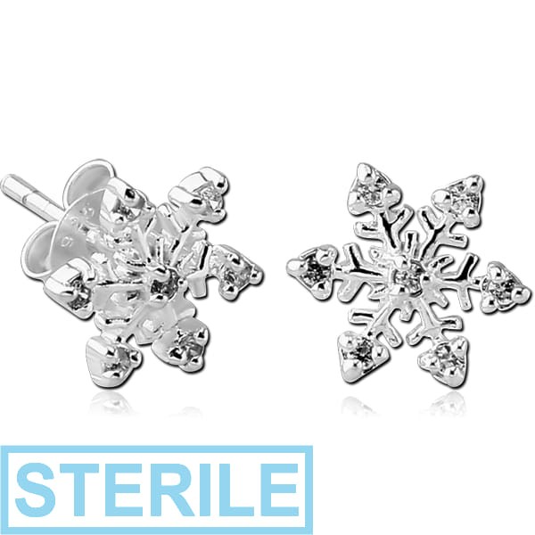 STERILE STERLING SILVER 925 JEWELLED EAR STUDS PAIR - SNOWFLAKE