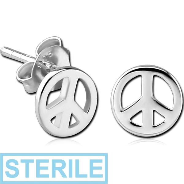 STERILE STERLING SILVER 925 EAR STUDS PAIR - PEACE SIGN