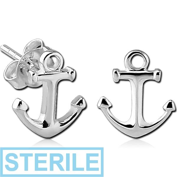 STERILE STERLING SILVER 925 EAR STUDS PAIR - ANCHOR