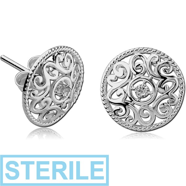 STERILE STERLING SILVER 925 JEWELLED EAR STUDS PAIR - FILIGREE
