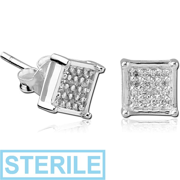 STERILE STERLING SILVER 925 JEWELLED EAR STUDS PAIR - 3D SQUARE
