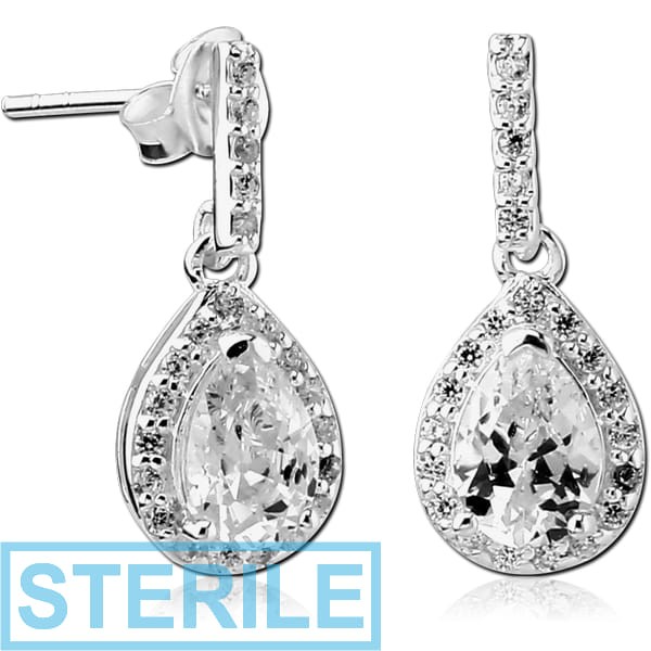 STERILE STERLING SILVER 925 JEWELLED EAR STUDS PAIR - TEAR DROP