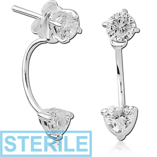 STERILE STERLING SILVER 925 JEWELLED BACK EARRINGS WITH STUD PAIR - ROUND AND HEART