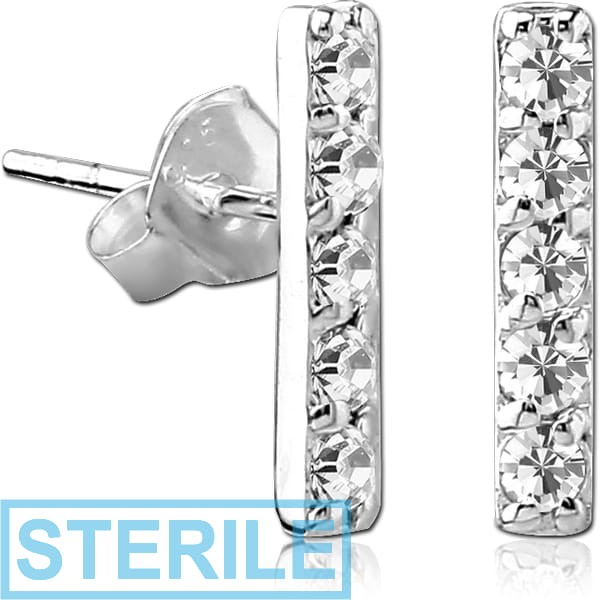 STERILE STERLING SILVER 925 JEWELLED EAR STUDS PAIR - BAR