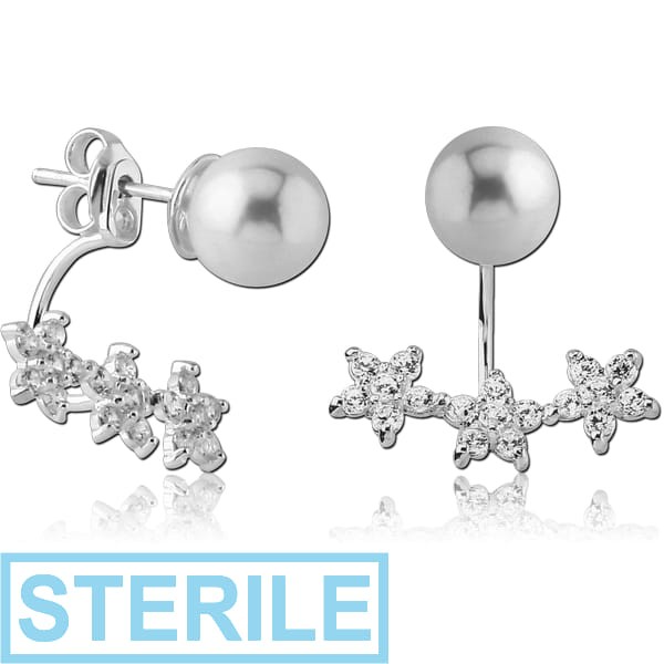 STERILE STERLING SILVER 925 JEWELLED BACK EARRINGS WITH STUD PAIR WITH SHELL PEARL - STARS