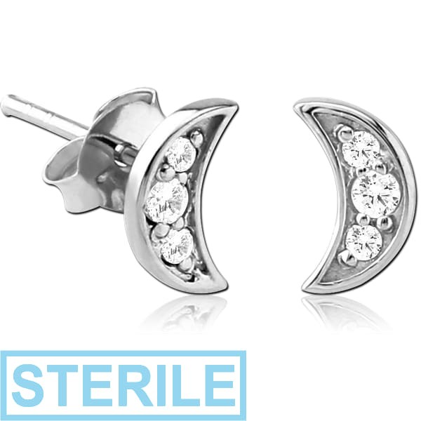 STERILE STERLING SILVER 925 JEWELLED EAR STUDS PAIR - CRESCENT