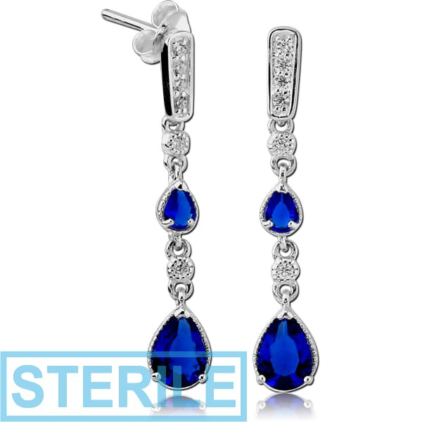STERILE STERLING SILVER 925 JEWELLED EAR STUDS PAIR - DANGLING PEAR