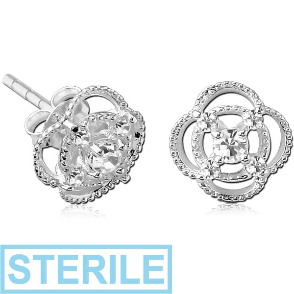 STERILE STERLING SILVER 925 JEWELLED EAR STUDS PAIR - FLOWER