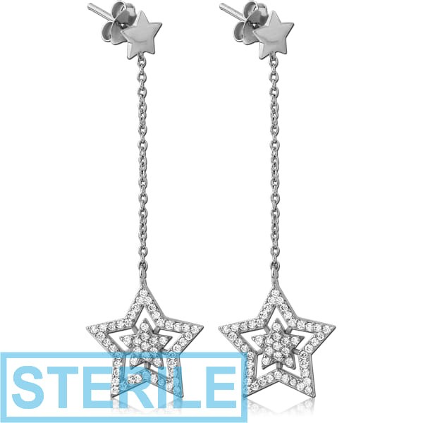 STERILE STERLING SILVER 925 JEWELLED EAR STUDS PAIR - STARS AND DANGLING STAR
