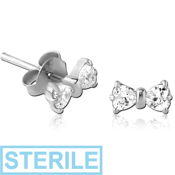 STERILE STERLING SILVER 925 JEWELLED EAR STUDS PAIR - BOW